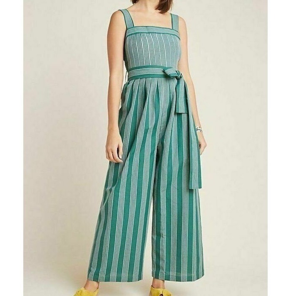 Payal Pratap Anthropologie Green Striped Cotton Linen Wide Leg Jumpsuit Sz 2‎ G3
